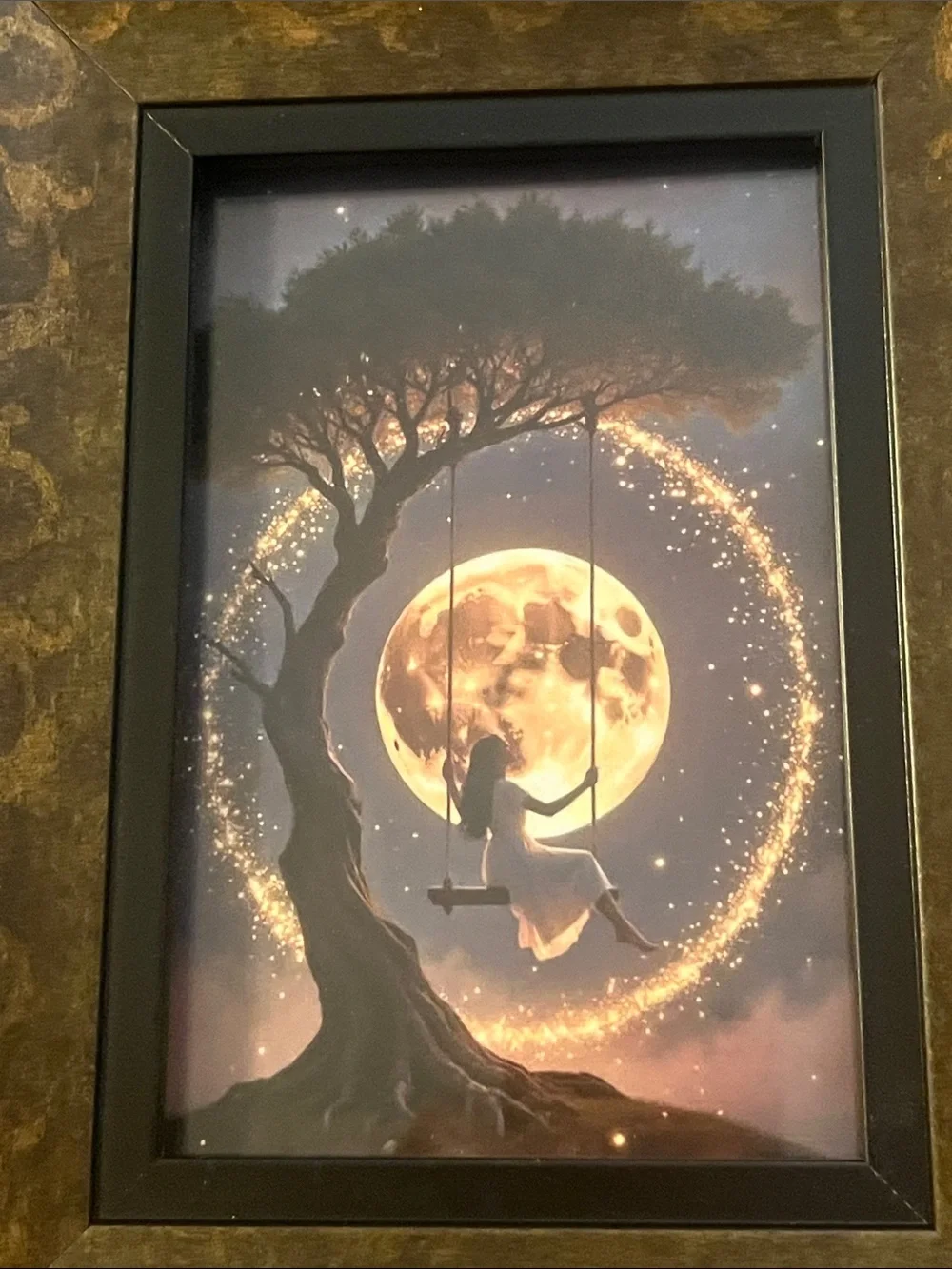 Framed Moonlite Under the stars print with Lady swinging under the Stars 290